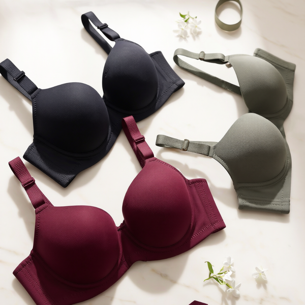 Woman wearing SHAPE Comfort Curve Bra in coffee, front view