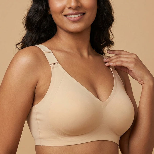 SHAPE Plus Size Sculpting Bra in coffee on model, designed for fuller busts