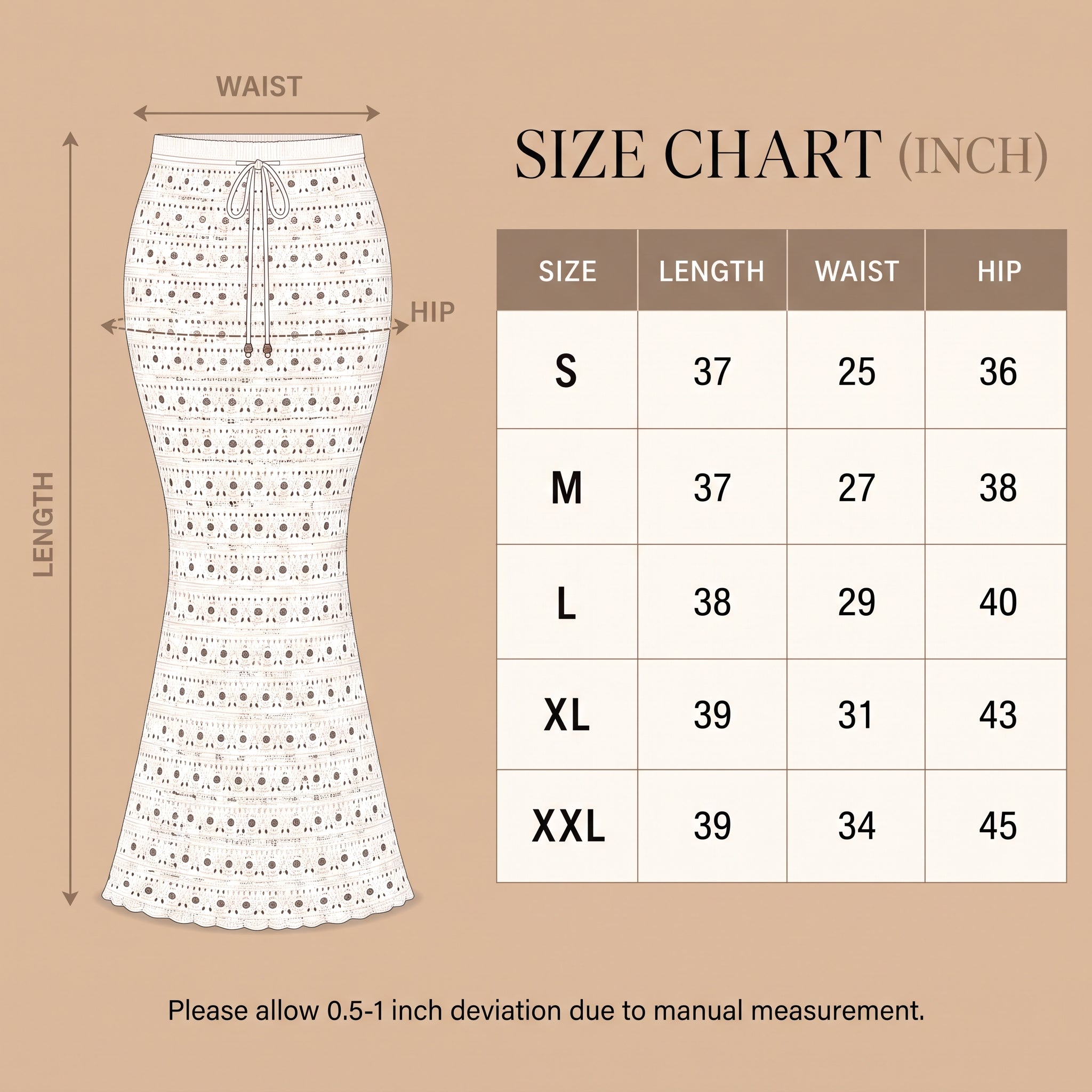 Boho Knitted Skirt size chart, S to 2XL length, waist and hip in inches, SHAPE
