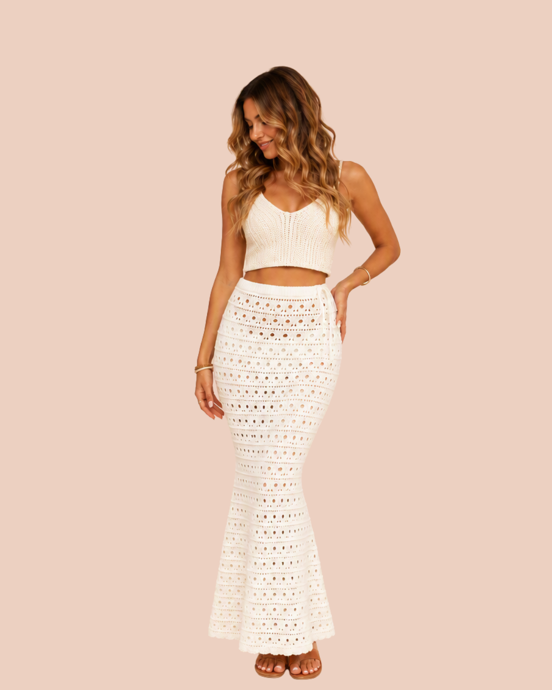 Model wearing the Boho Knitted Skirt in White, front view, SHAPE