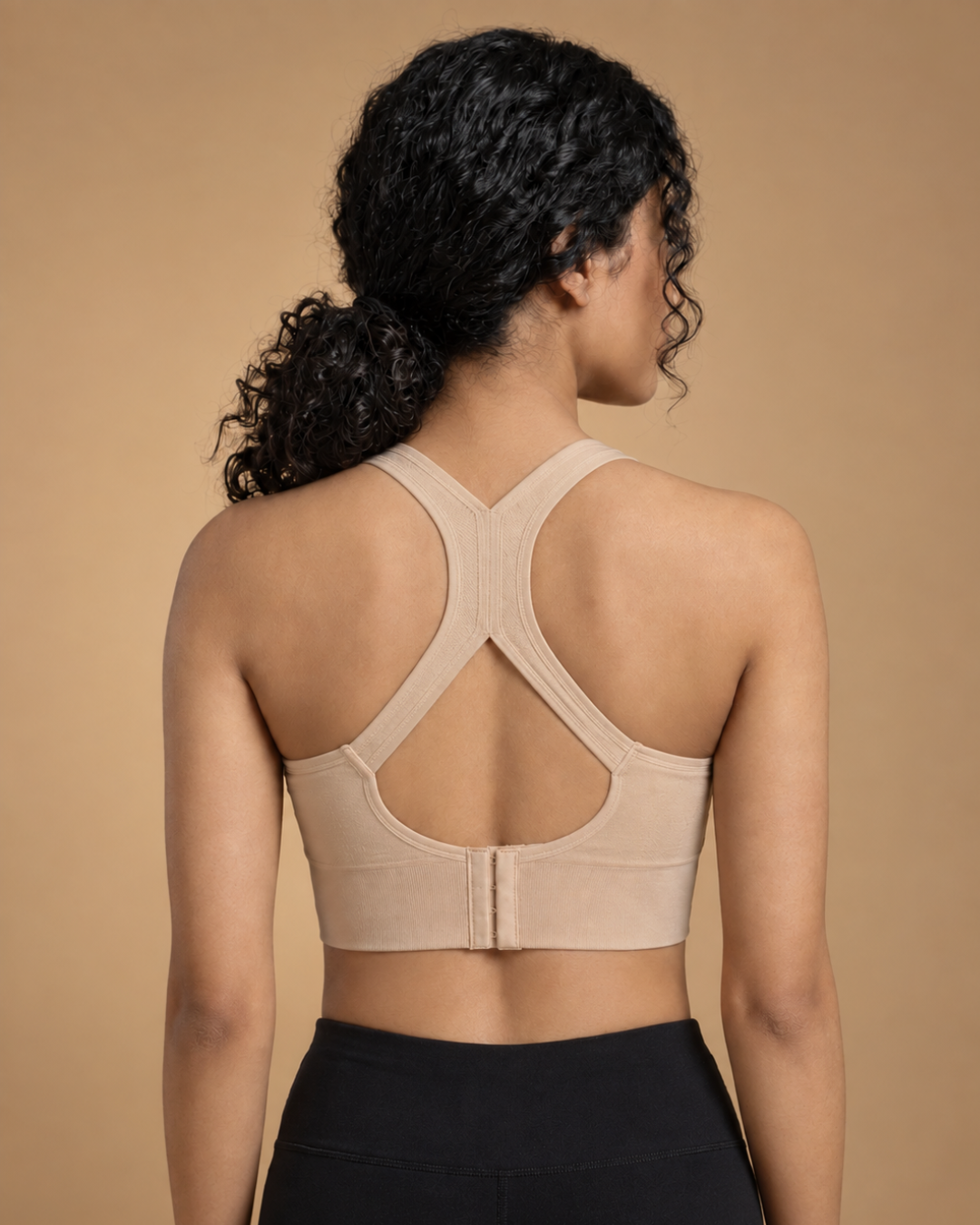 Easy Fit Sports Bra in Beige, back view showing racerback straps and hook closure, SHAPE Lingerie