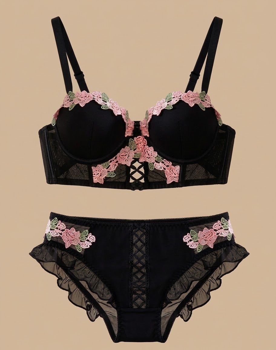 Floral Bra Set in black floral embroidery, worn by a model — SHAPE Lingerie