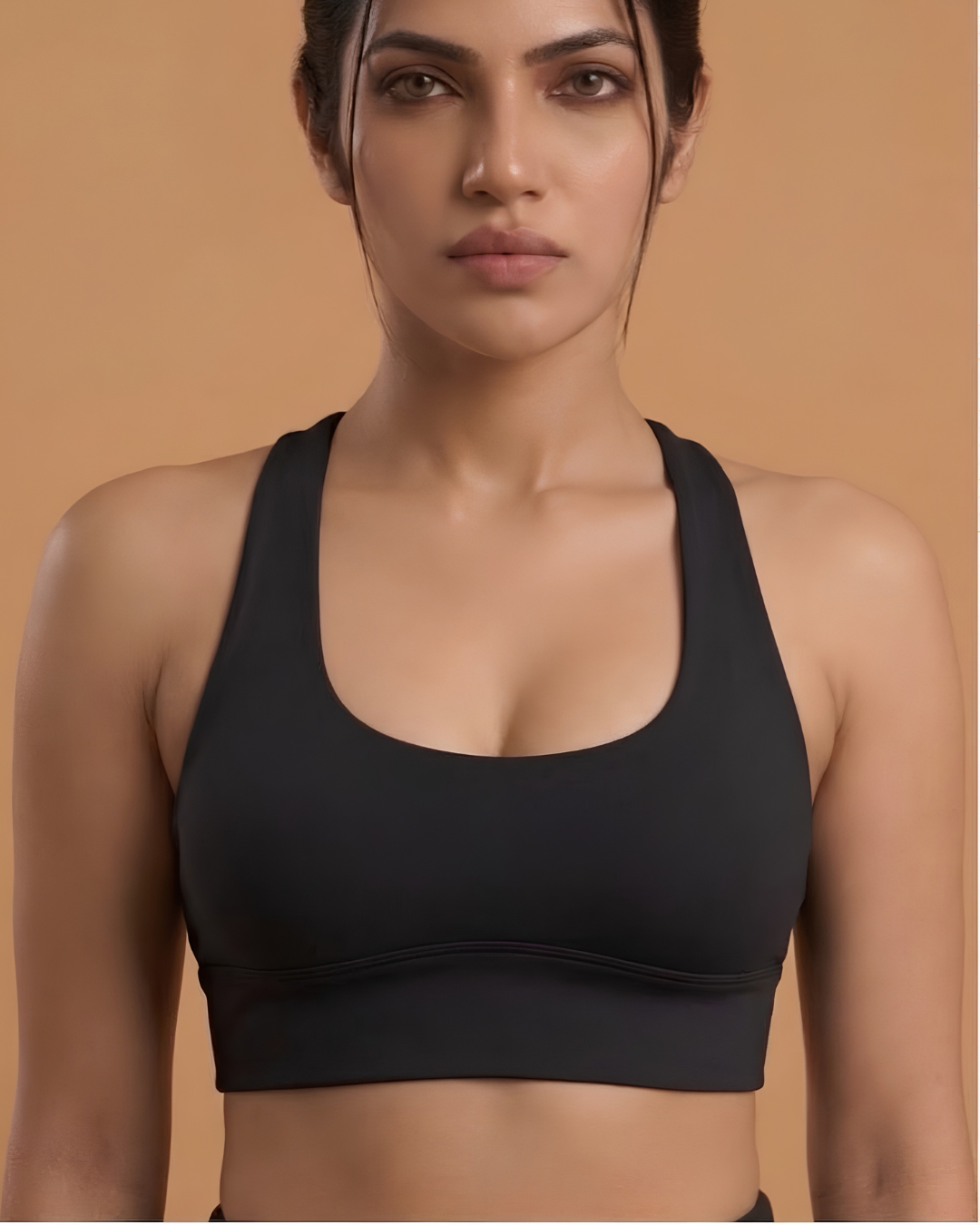 Power Sculpt Sports Bra in Black, front view, worn by a model, SHAPE Lingerie