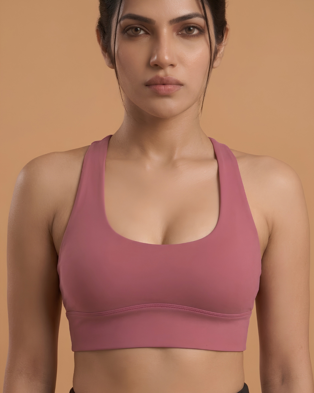 Power Sculpt Sports Bra in Pink, front view, worn by a model, SHAPE Lingerie