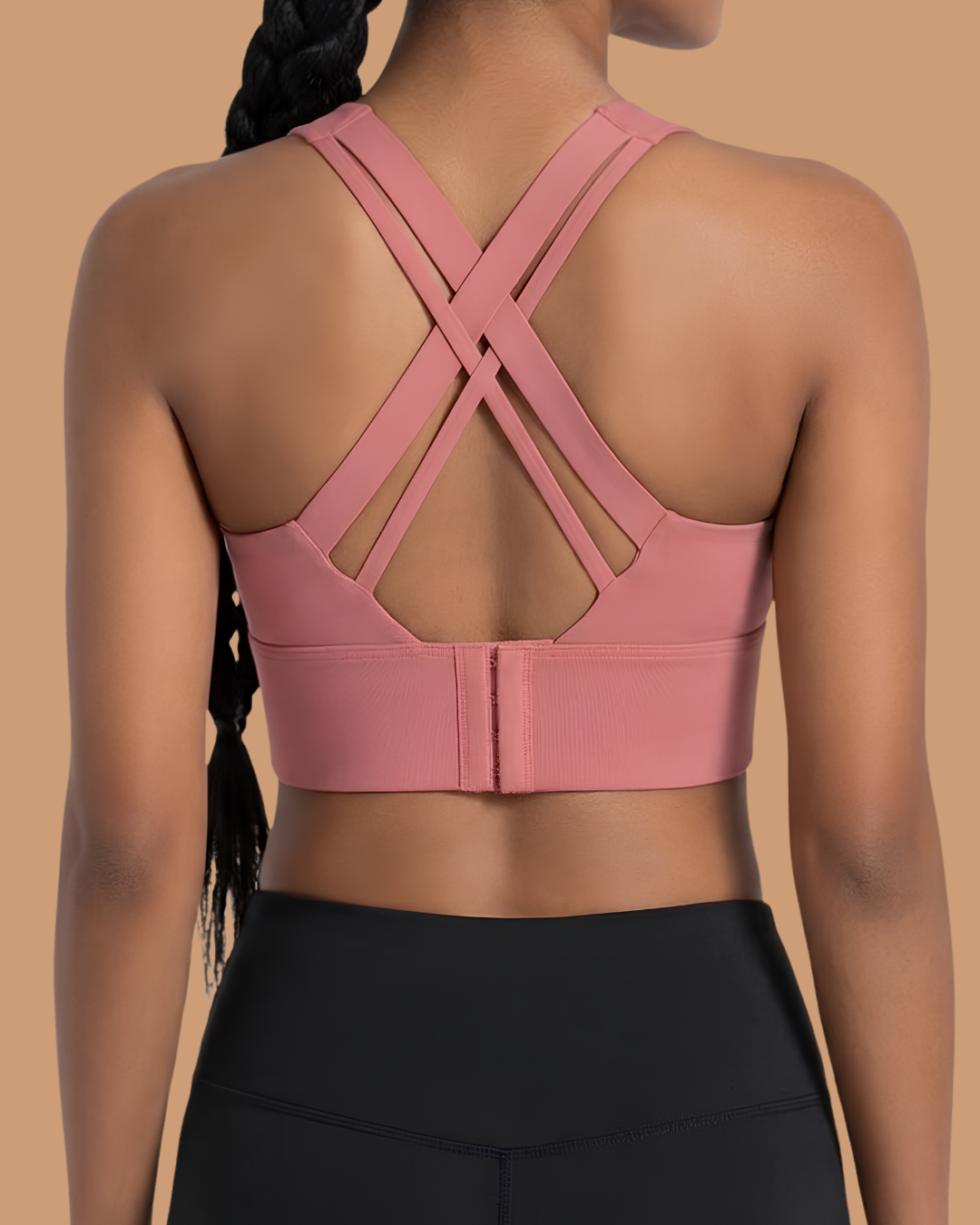 Power Sculpt Sports Bra in Pink, back view showing criss-cross straps and hook closure, SHAPE Lingerie