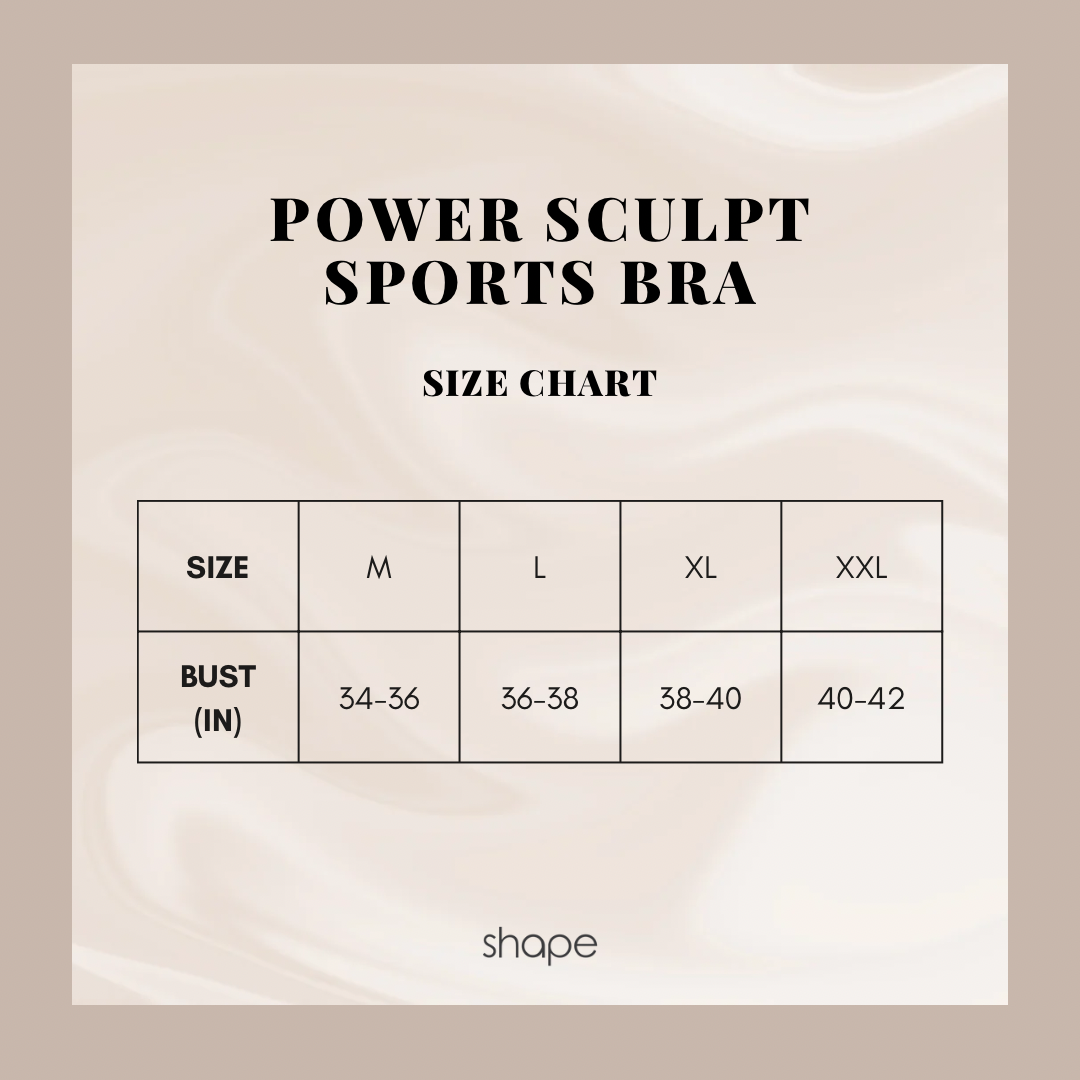 Power Sculpt Sports Bra size chart with bust measurements for M, L, XL and 2XL, SHAPE Lingerie