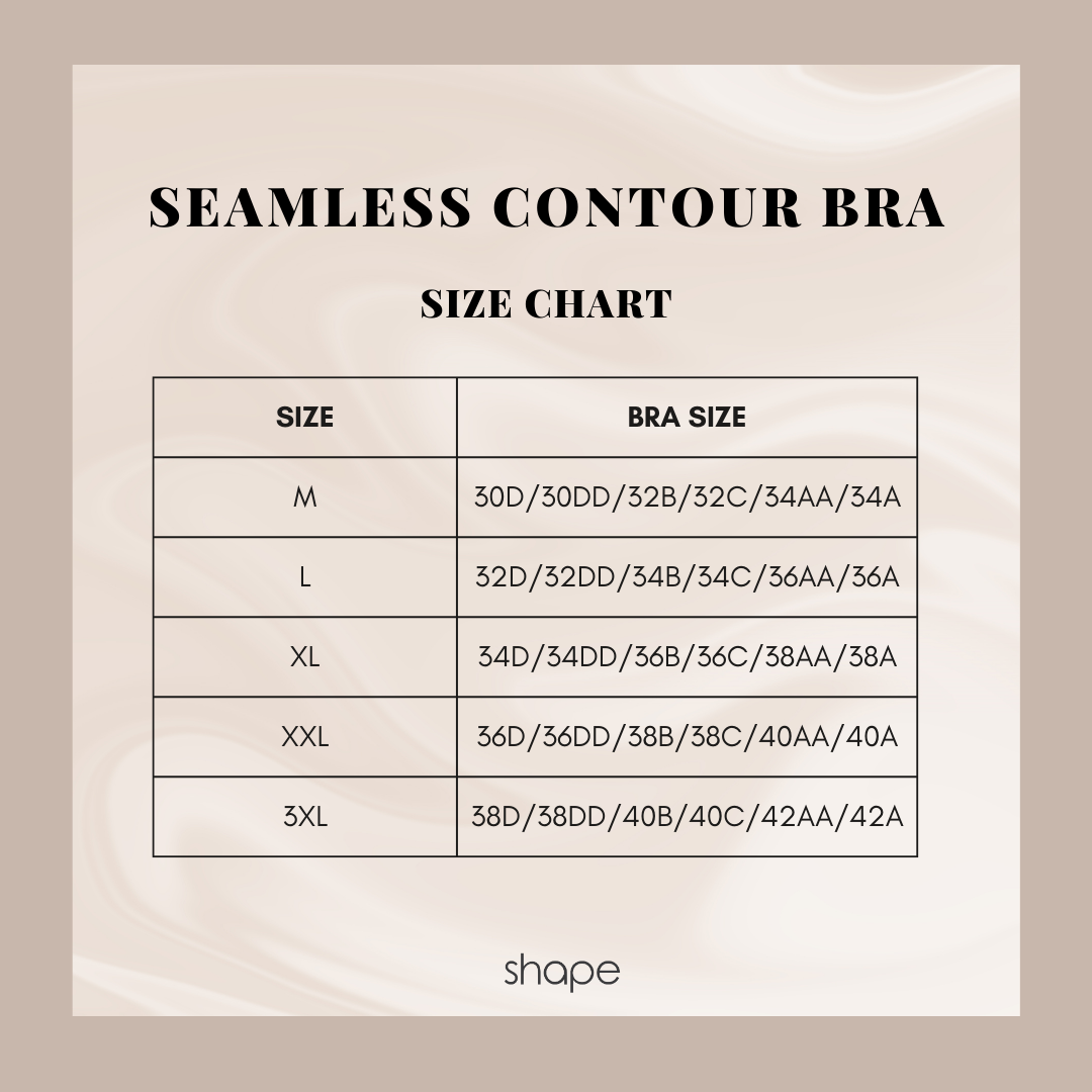 SHAPE Seamless Contour Bra size chart, sizes M to 3XL with measurements