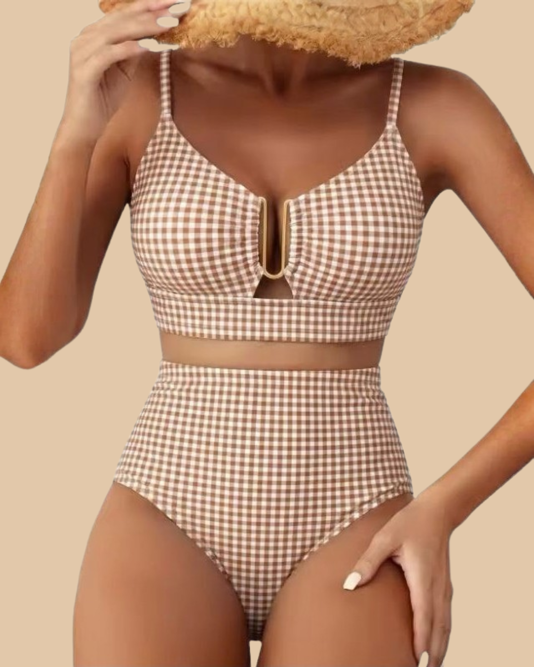 Golden Hour Swimsuit in Golden Hour, tan gingham V-neck high-waist bikini, front view on model