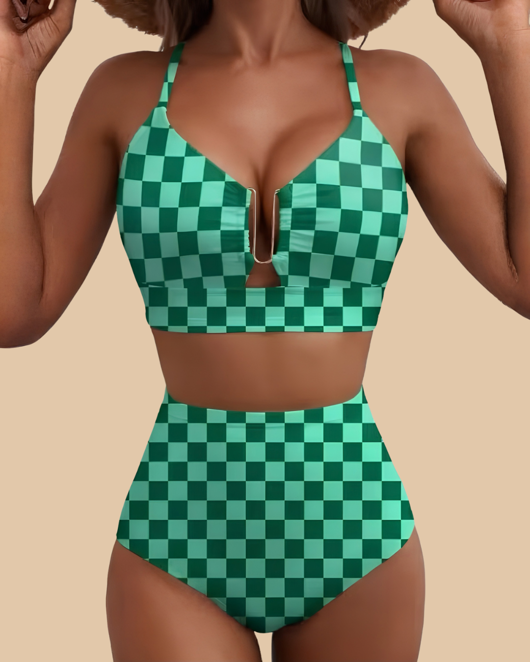 Golden Hour Swimsuit in Green Checkered, green check V-neck high-waist bikini, front view on model