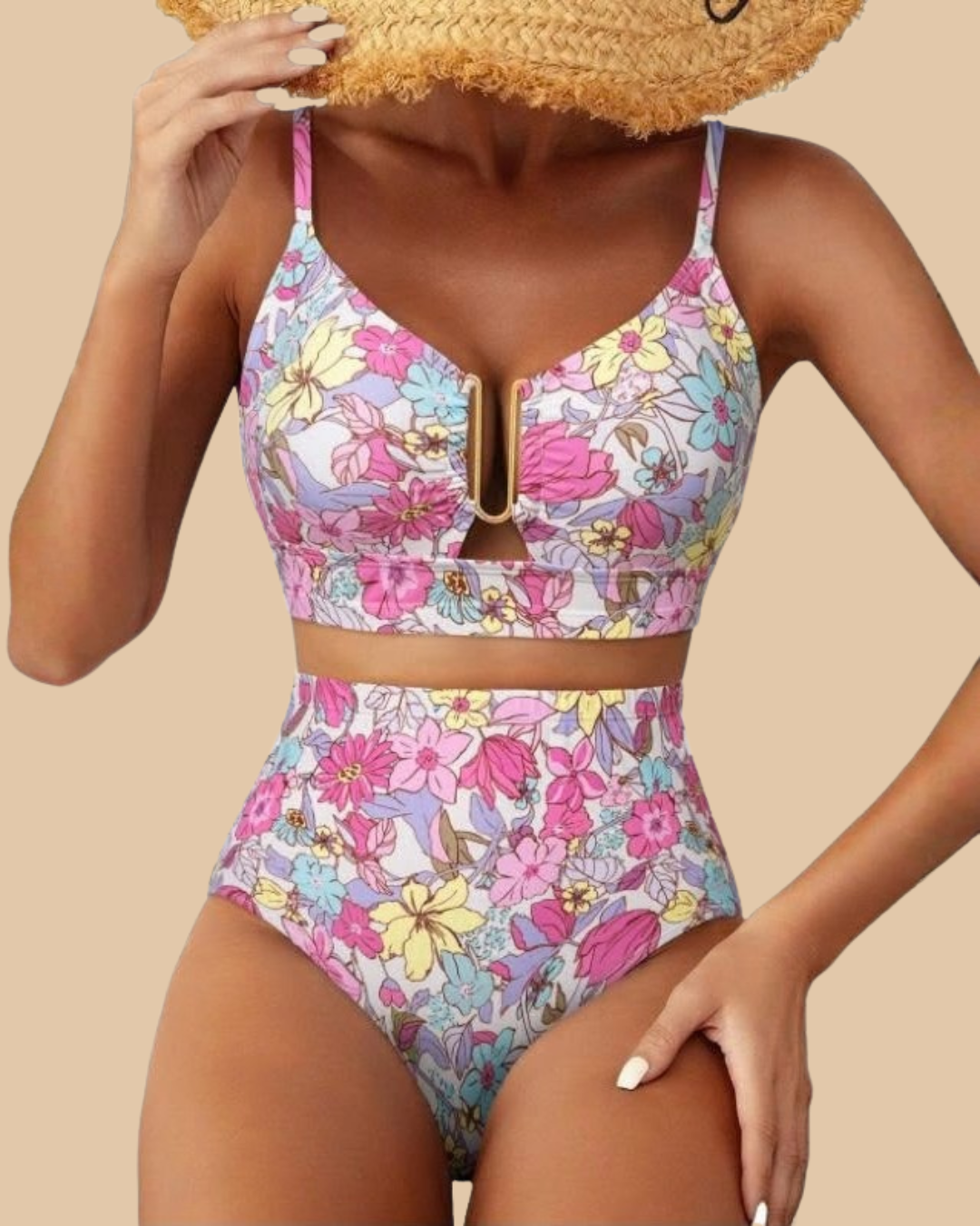 Golden Hour Swimsuit in Petal Pink, pink floral V-neck high-waist bikini, front view on model