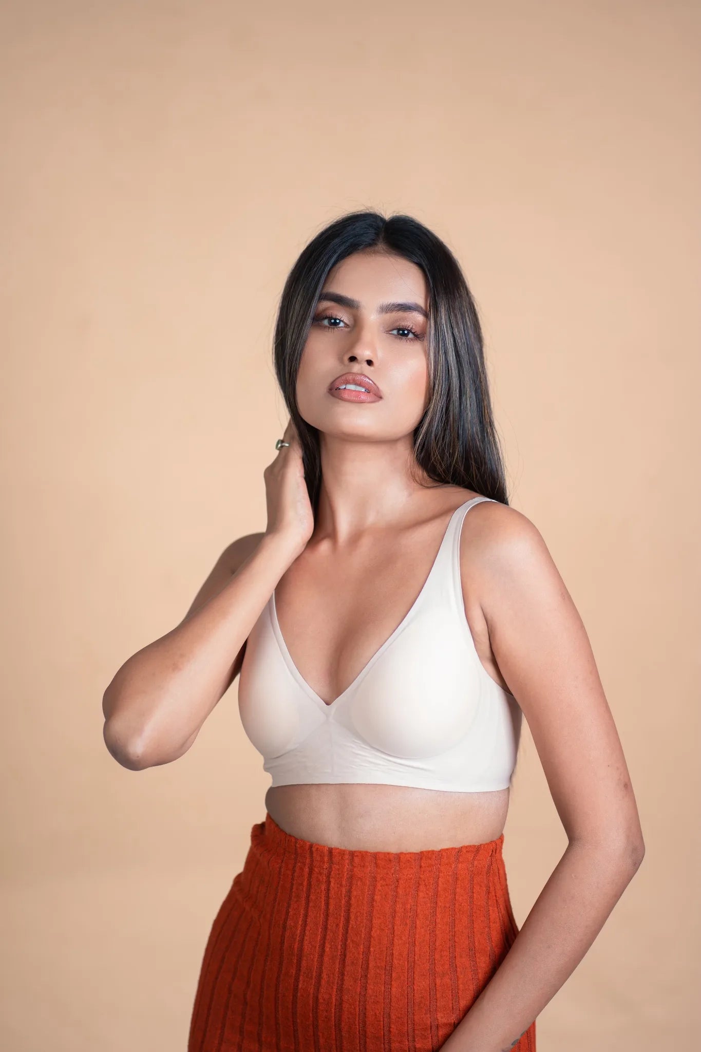 Ivory SHAPE Plunge Lite bra, front view, on model