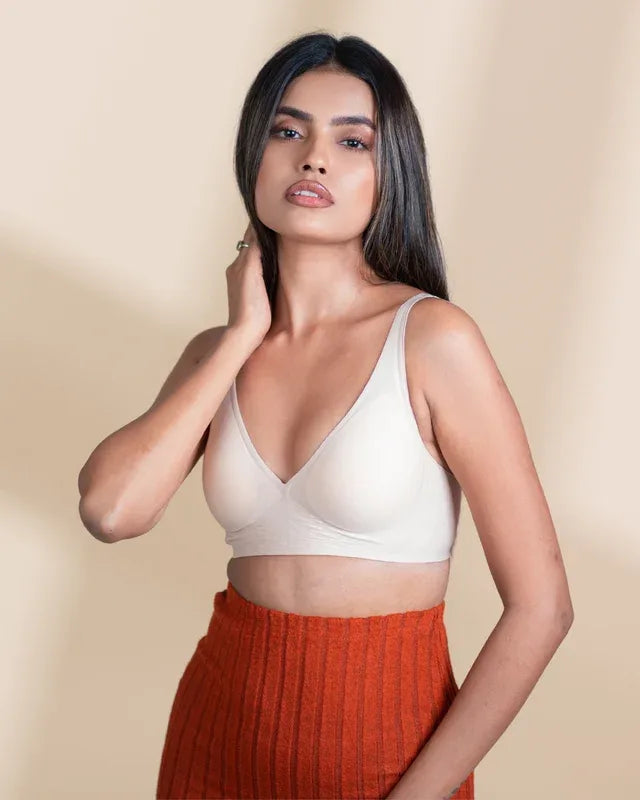Ivory SHAPE Plunge Lite bra, front view, on model