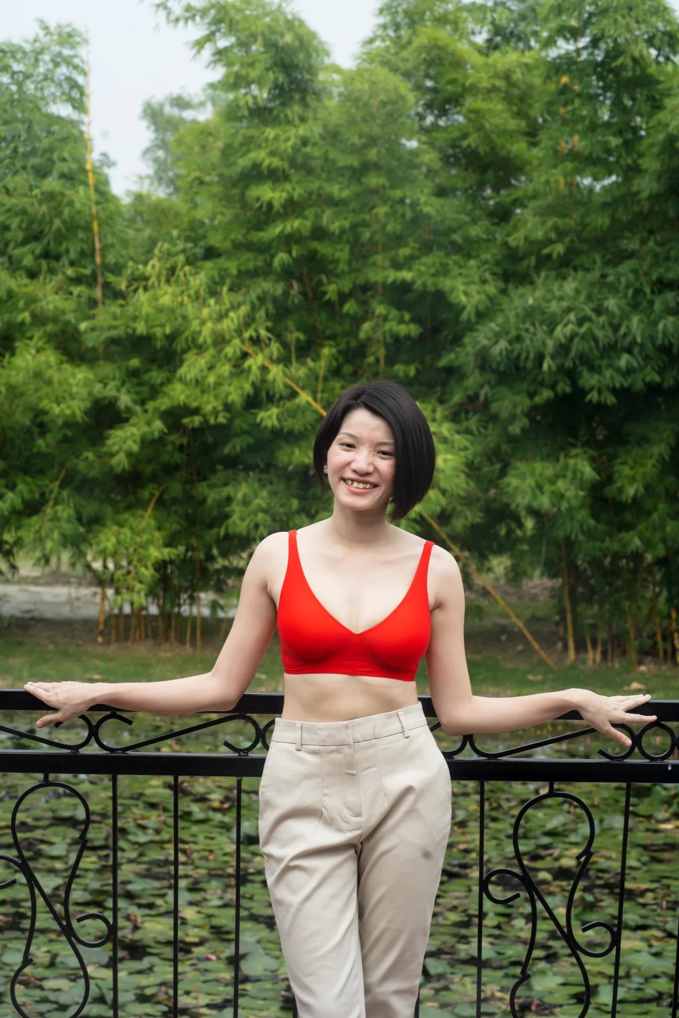 Red SHAPE Plunge Lite bra, front view, on model