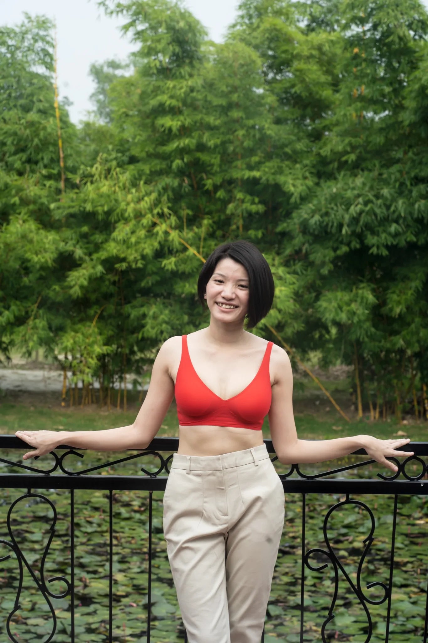 Red SHAPE Plunge Lite bra, front view, on model
