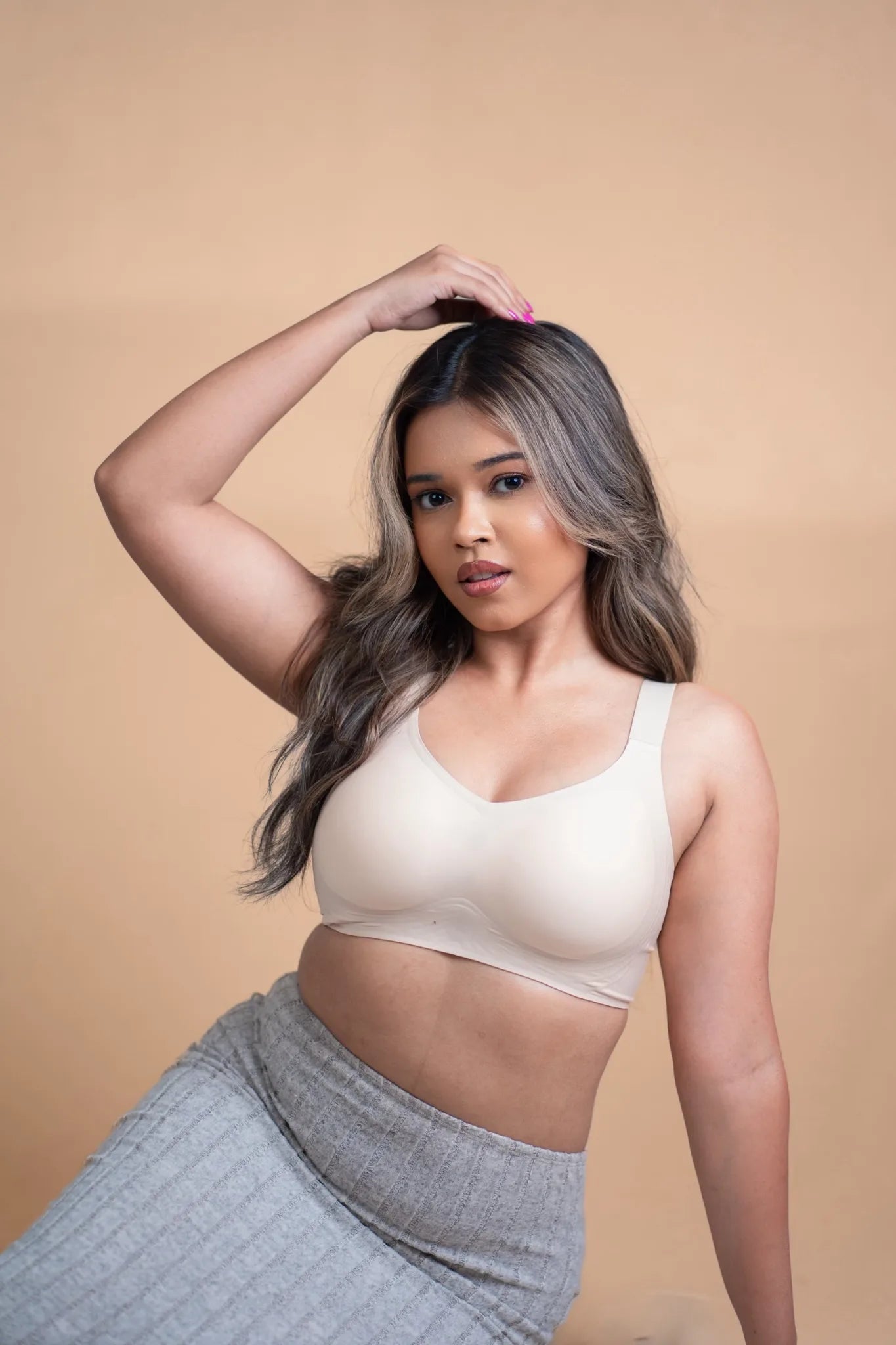 Cream SHAPE Seamless Contour Bra, front view, on model