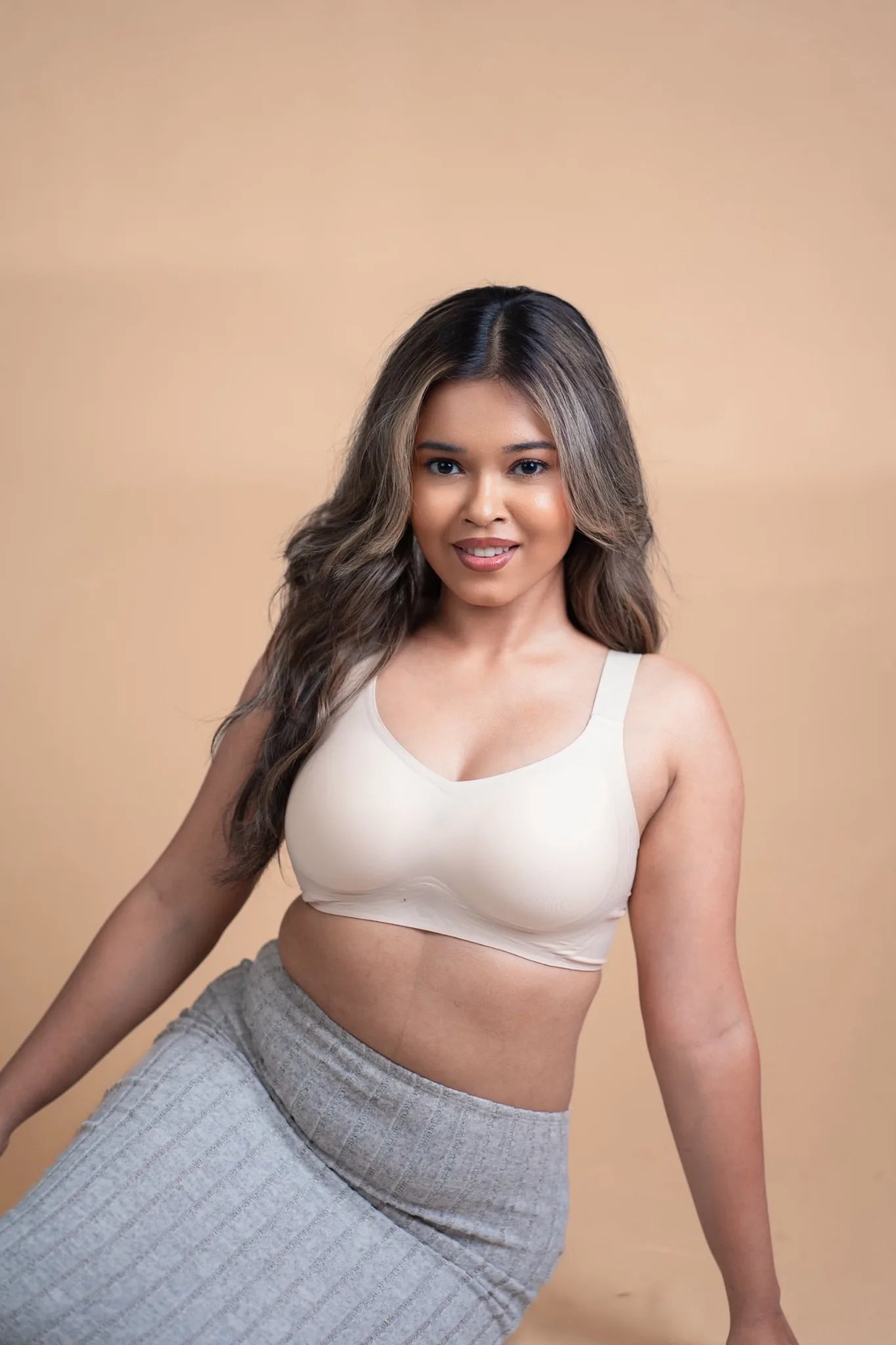 Cream SHAPE Seamless Contour Bra, front view, on model