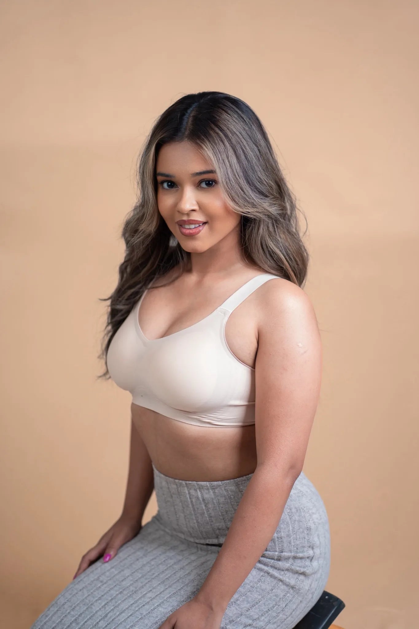 Cream SHAPE Seamless Contour Bra, side view, on model