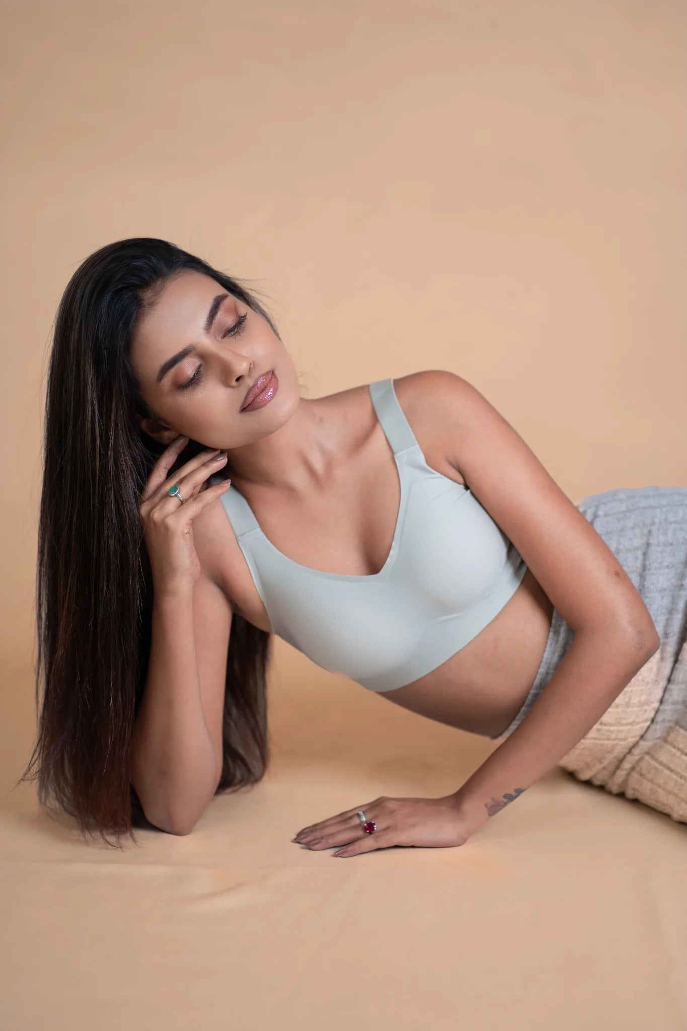 Pale sage green SHAPE Seamless Contour Bra, side view, on model