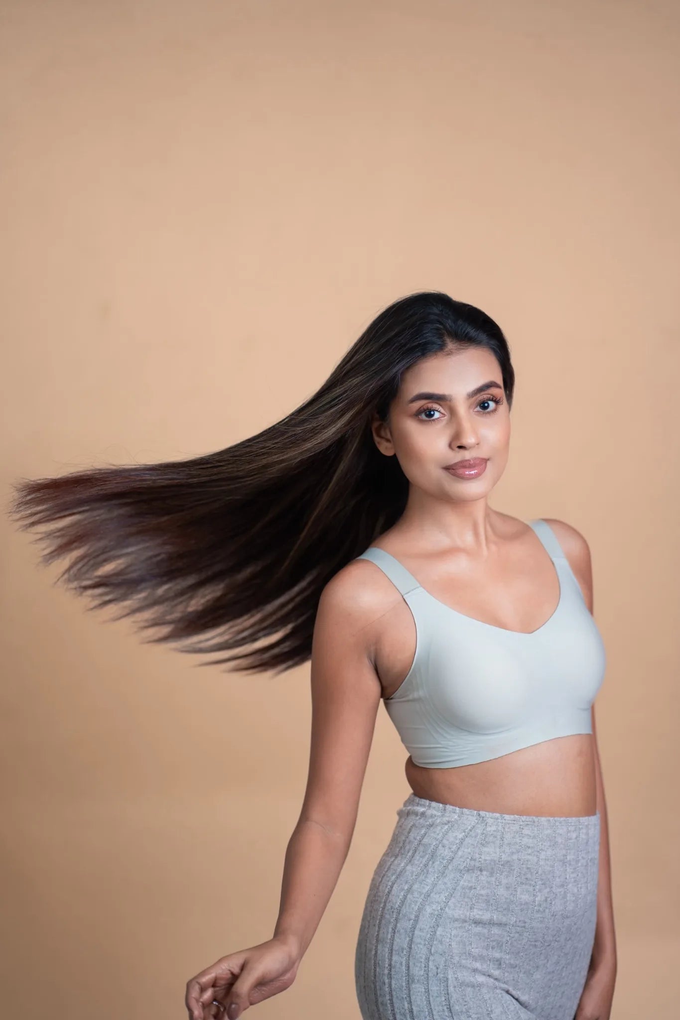Pale sage green SHAPE Seamless Contour Bra, side view, on model