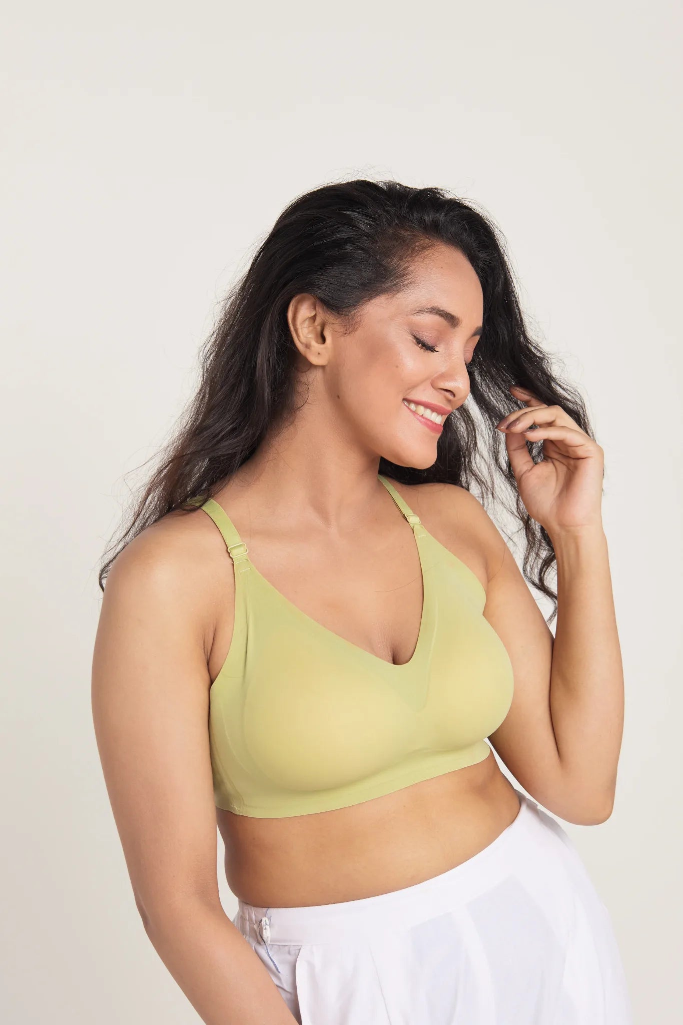 Lime green SHAPE Seamless Lite Bra, front view, on model