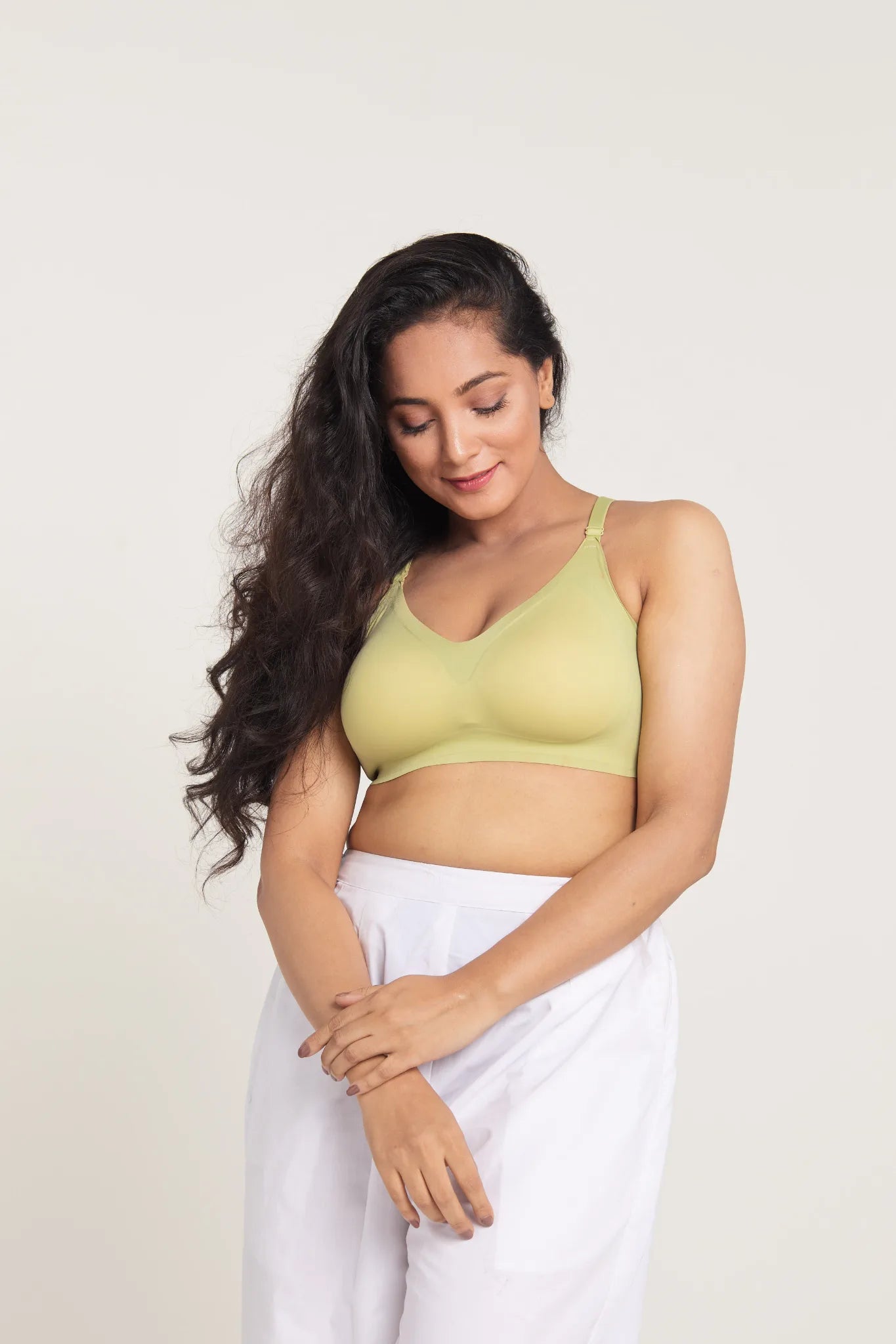 Lime green SHAPE Seamless Lite Bra, front view, on model