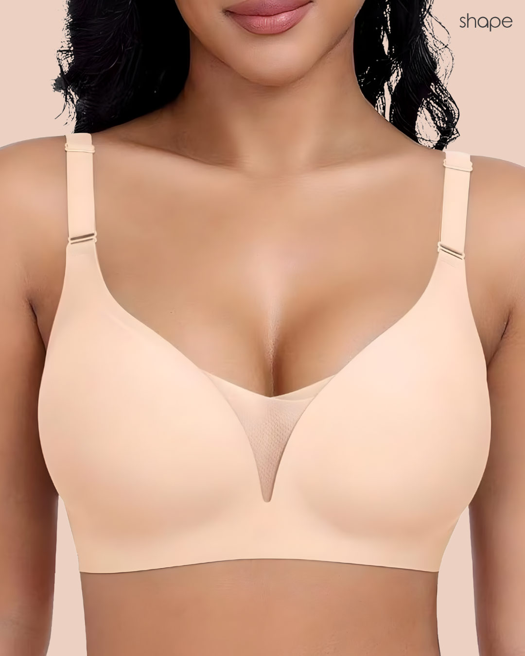 VLite Seamless Bra in Beige worn by a model, close-up of the seamless cups, SHAPE Lingerie