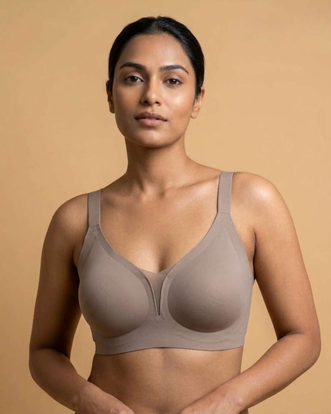 VLite Seamless Bra in Coffee worn by a model, front view, SHAPE Lingerie