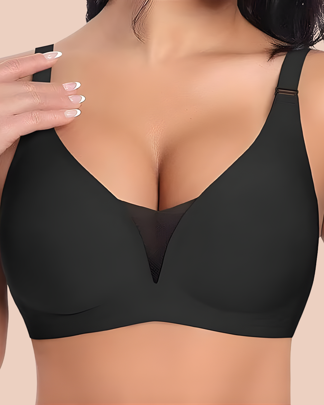 VLite Seamless Bra in Midnight Black worn by a model, close-up of the seamless cups, SHAPE Lingerie